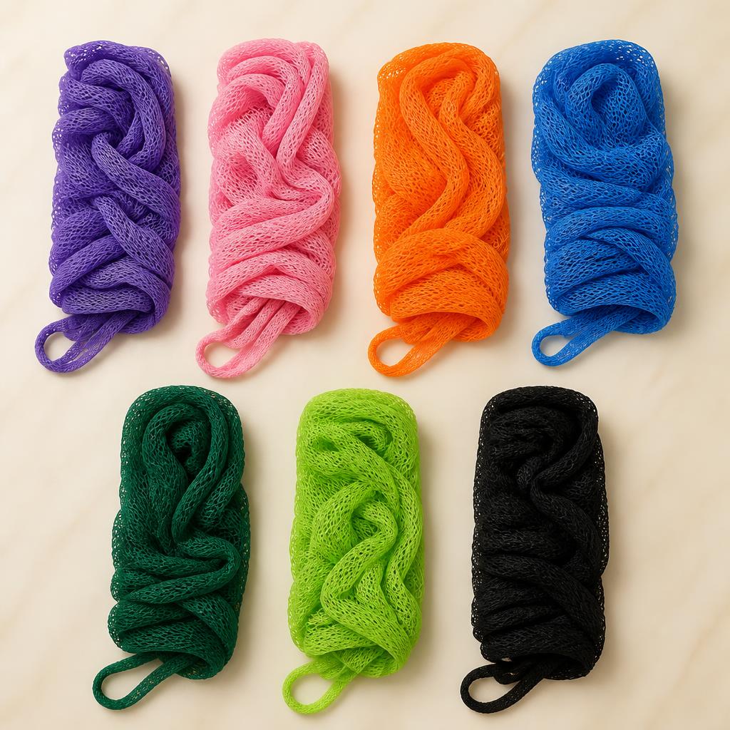 Exfoliating net washers in purple, pink, orange, blue, dark green, lime green, and black